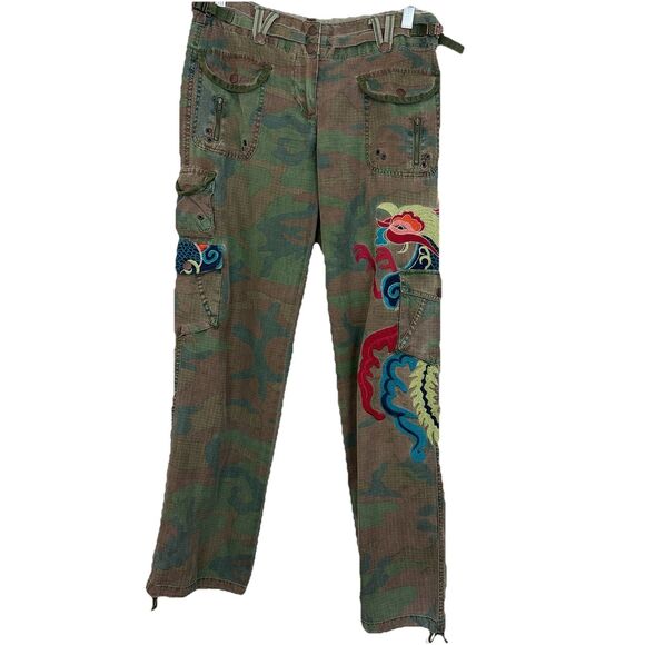 Da-Nang Camo Cargo Pants Embroidered Womens Sz Small Silk Cotton Straight Leg - Picture 2 of 16